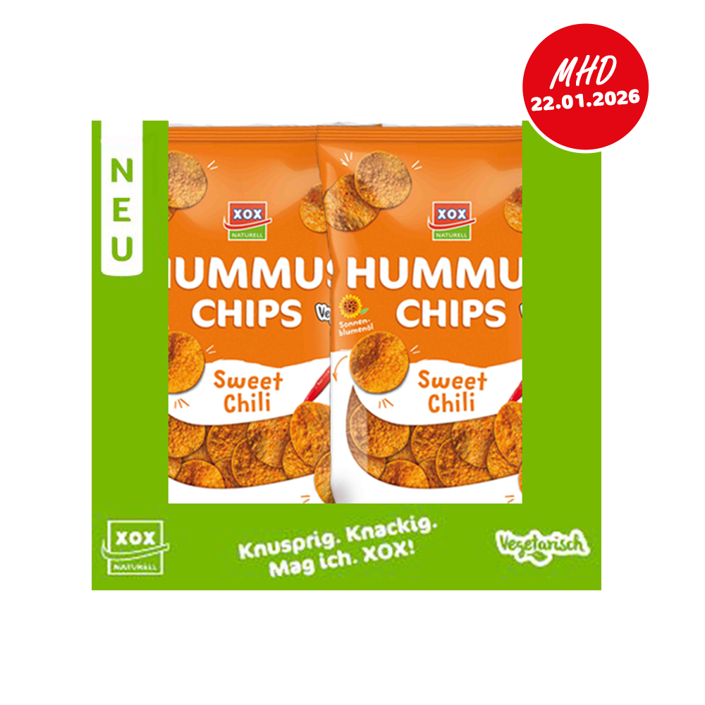 XOX Hummus Chips Sweet Chili 90g Karton - MHD 22.01.2026