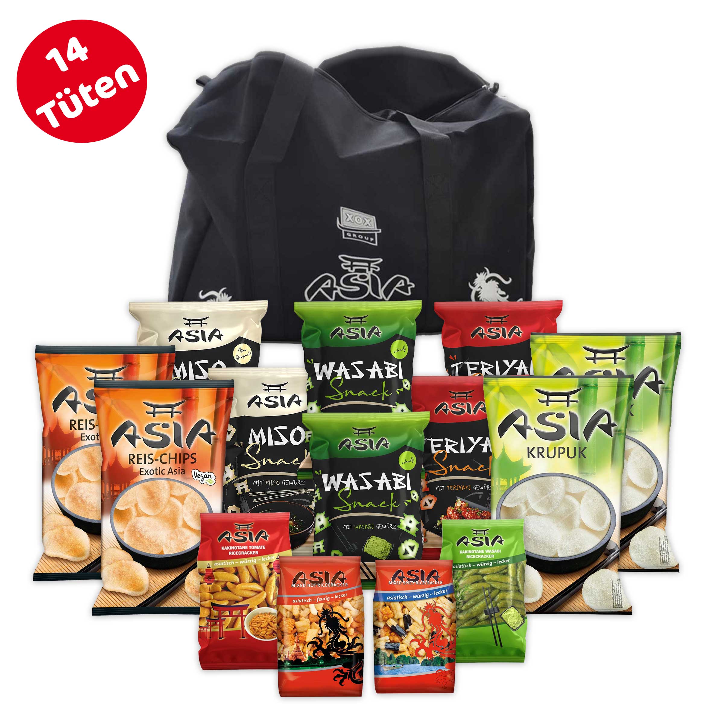 XOX Asia Snack Bag – 14 Snacks in bestickter Tasche