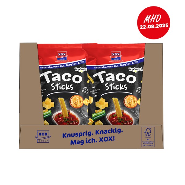 XOX Taco Sticks Nacho-Cheese 150g Karton - MHD 22.08.2025