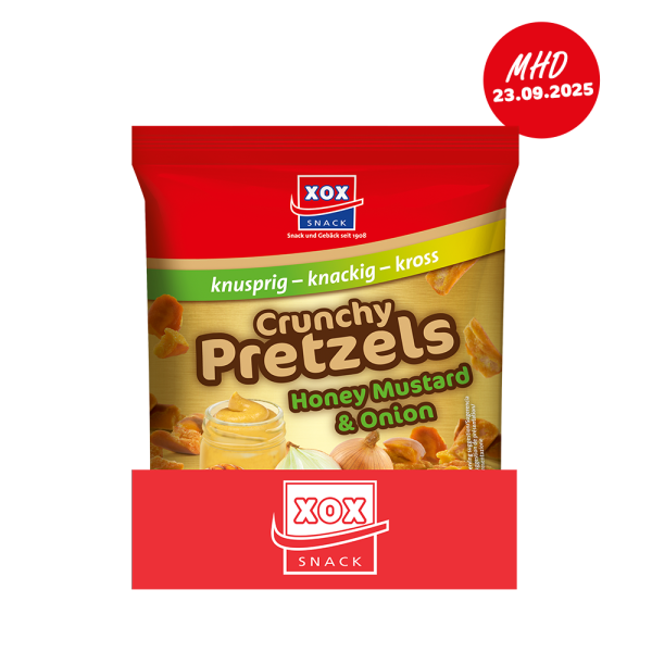 XOX Crunchy Pretzels Honey Mustard and Onion 125g Karton - MHD 23.09.2025